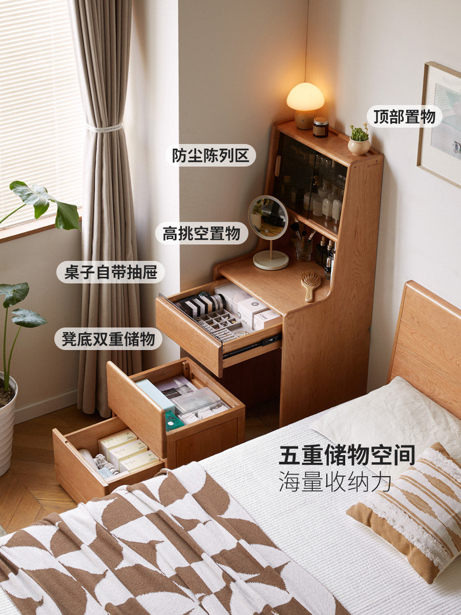 Solid wood vanity table, vintage cherry wood bedroom makeup desk, multifunctional dressing table for small apartments